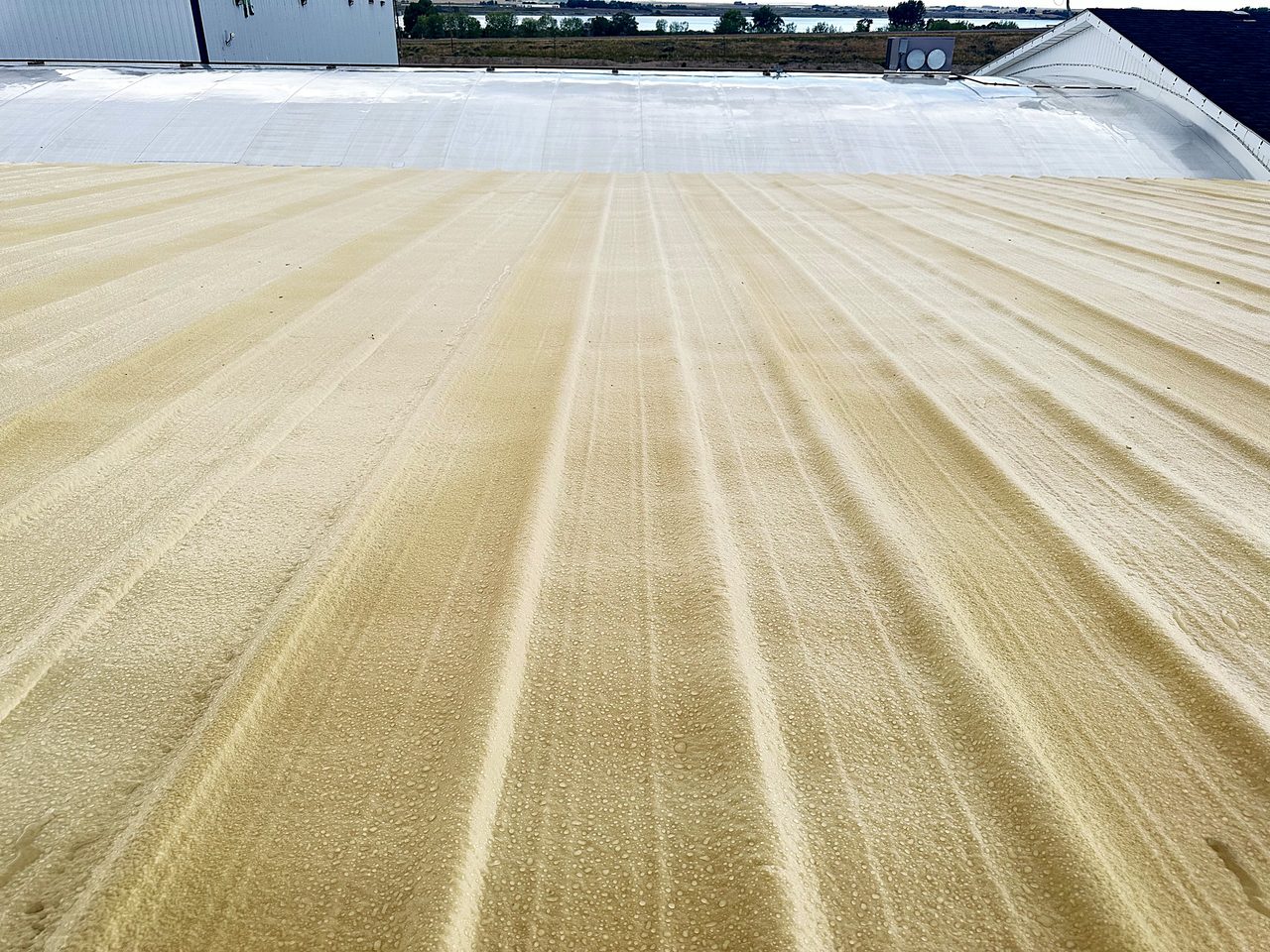 Fresh coating across a wide ribbed metal roof at Driscoll Potatoes, American Falls, Idaho