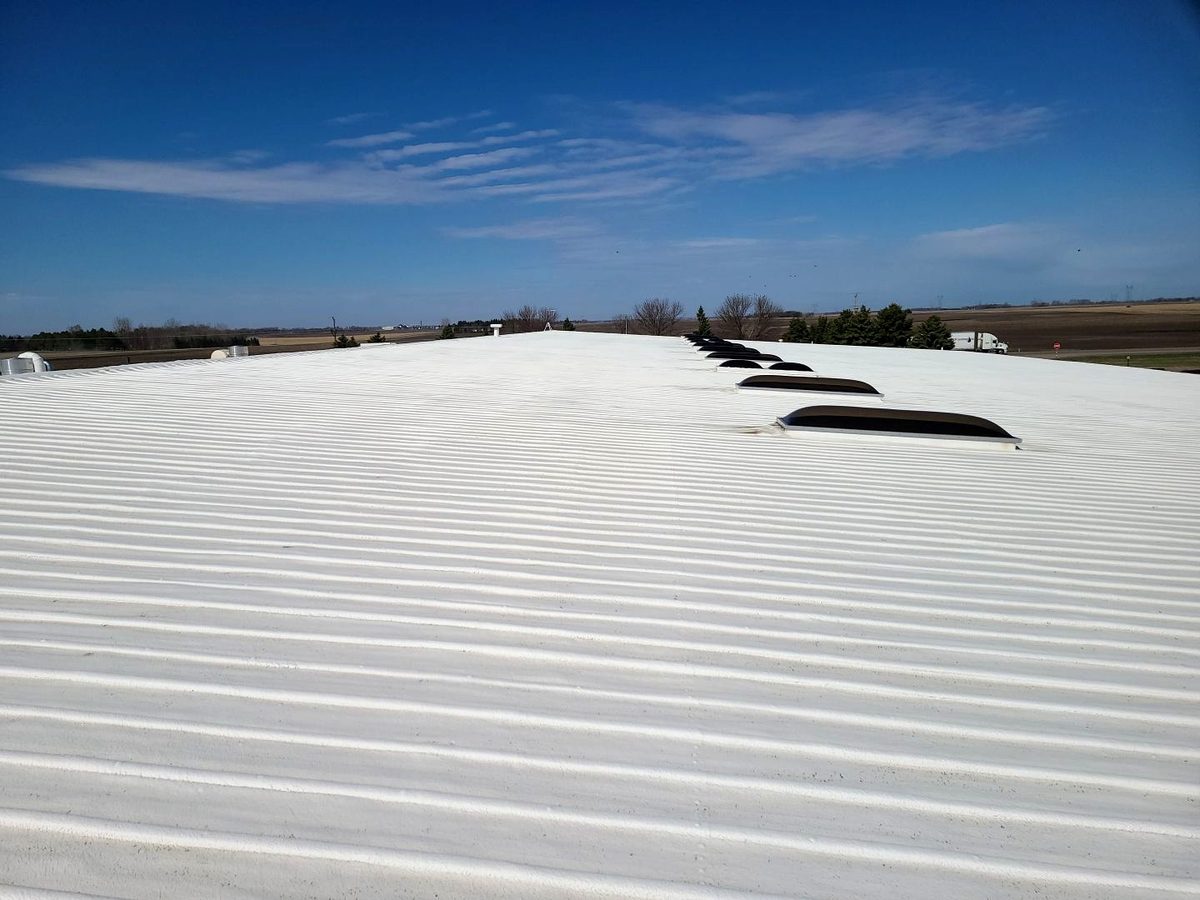 Spray foam roof with a row of skylights at Duratech Industries, Jamestown, ND (2021 inspection)