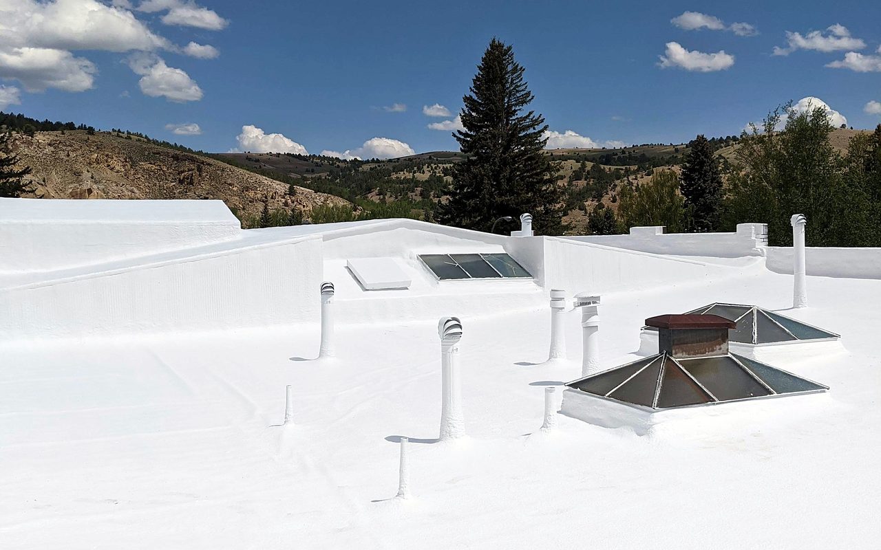 White roof coating on a flat commercial roof with vents and skylights, mountains in the background